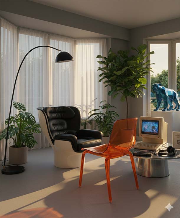 Intérieur rétro-futuriste mêlant objets iconiques des années 80, 90 et 2000 Salon rétro-futuriste combinant mobilier contemporain, plantes d’intérieur, ordinateur vintage à écran cathodique et sculpture moderne, illustrant la manière dont les objets des années 80, 90 et 2000 deviennent un patrimoine culturel.